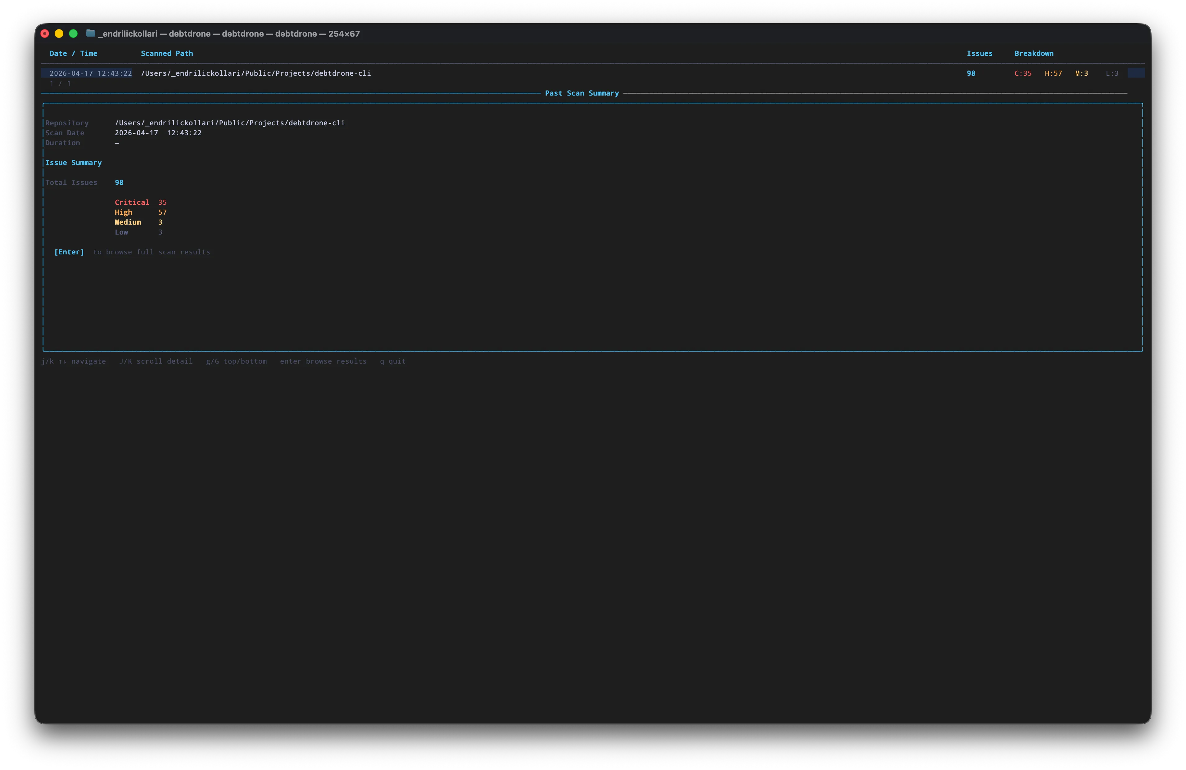 History browser showing a past scan with 98 issues broken down by severity