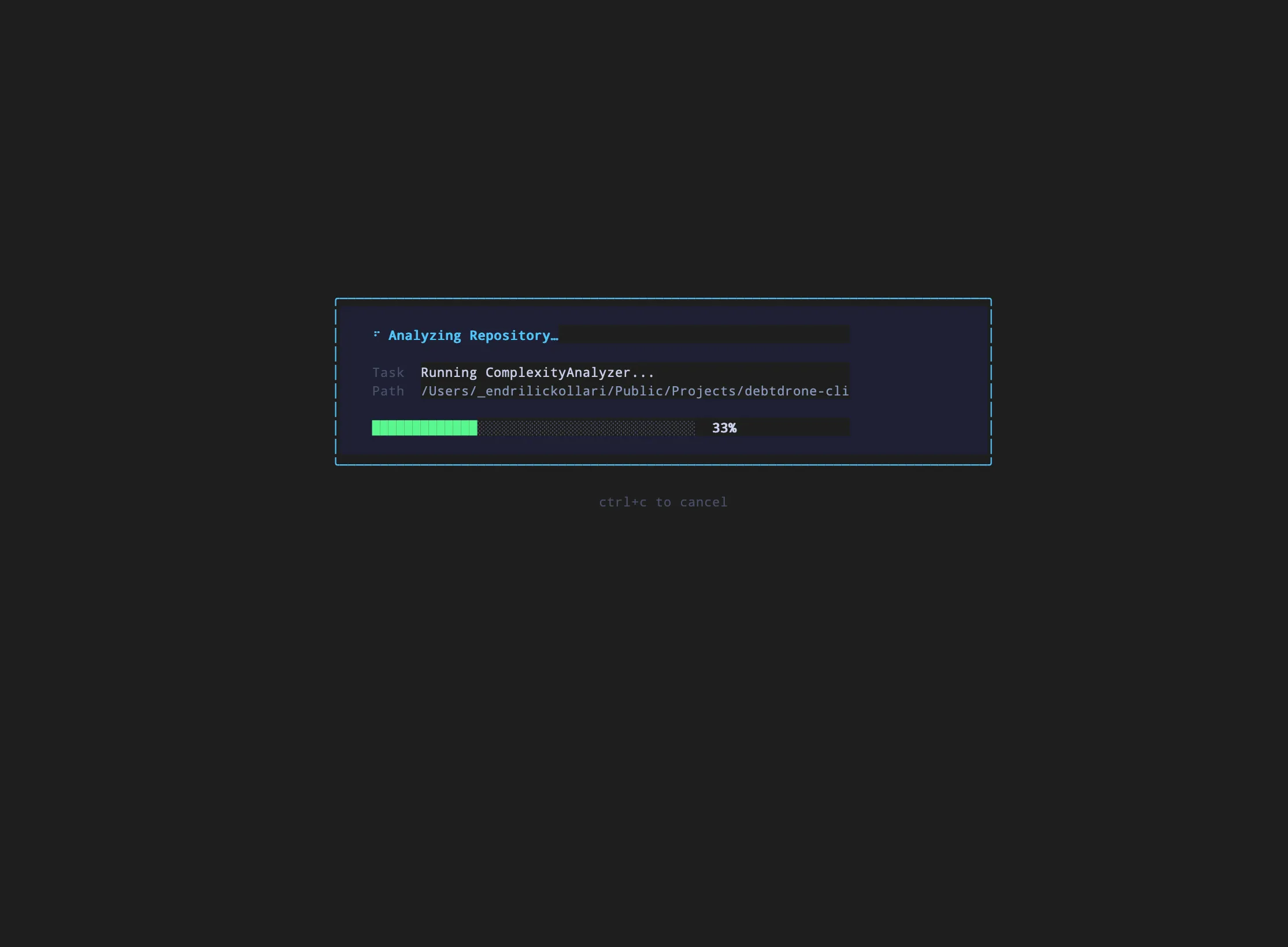 Scan in progress panel showing ComplexityAnalyzer running at 33%