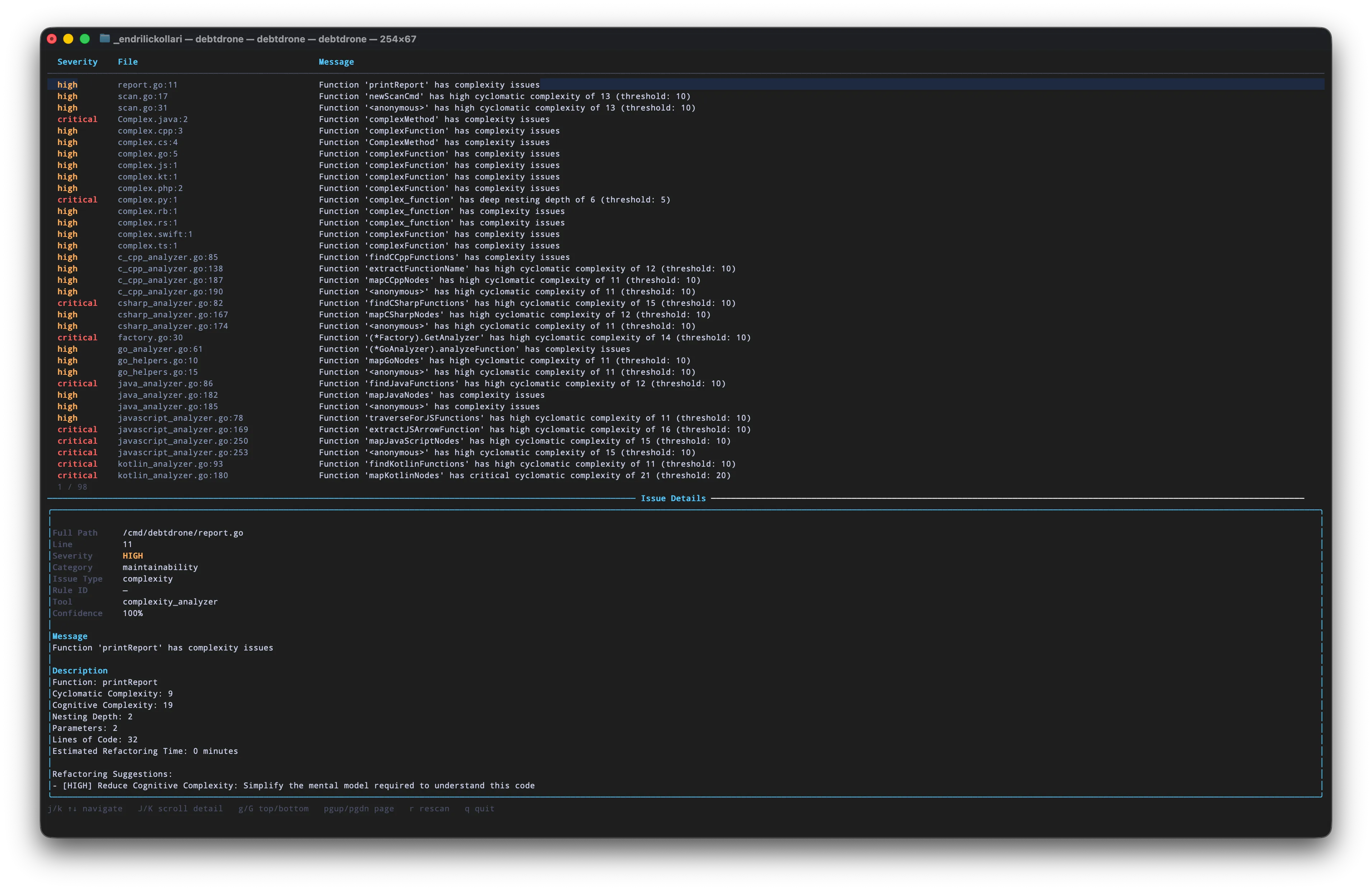 Scan results master-detail view showing findings list and per-function metrics